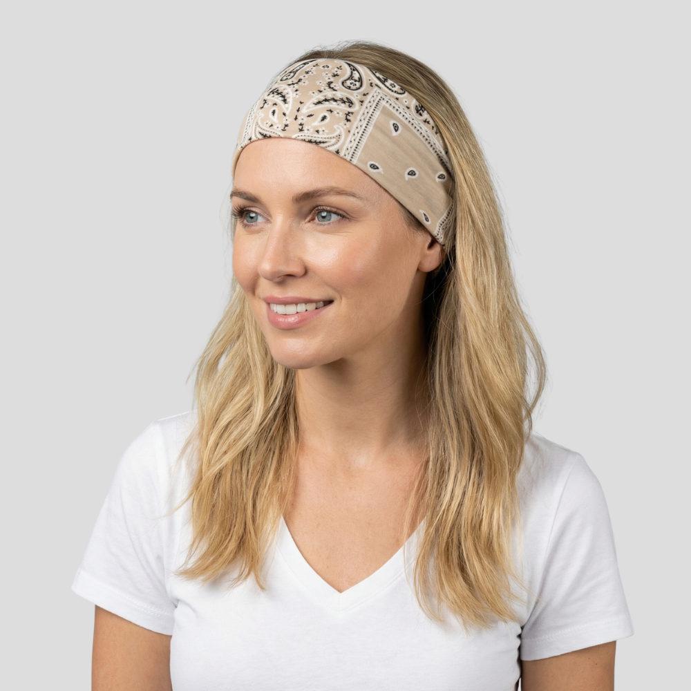 Bandeau Bandana Femme Beige - bandeau cheveux femme mannequin blonde aux cheveux long