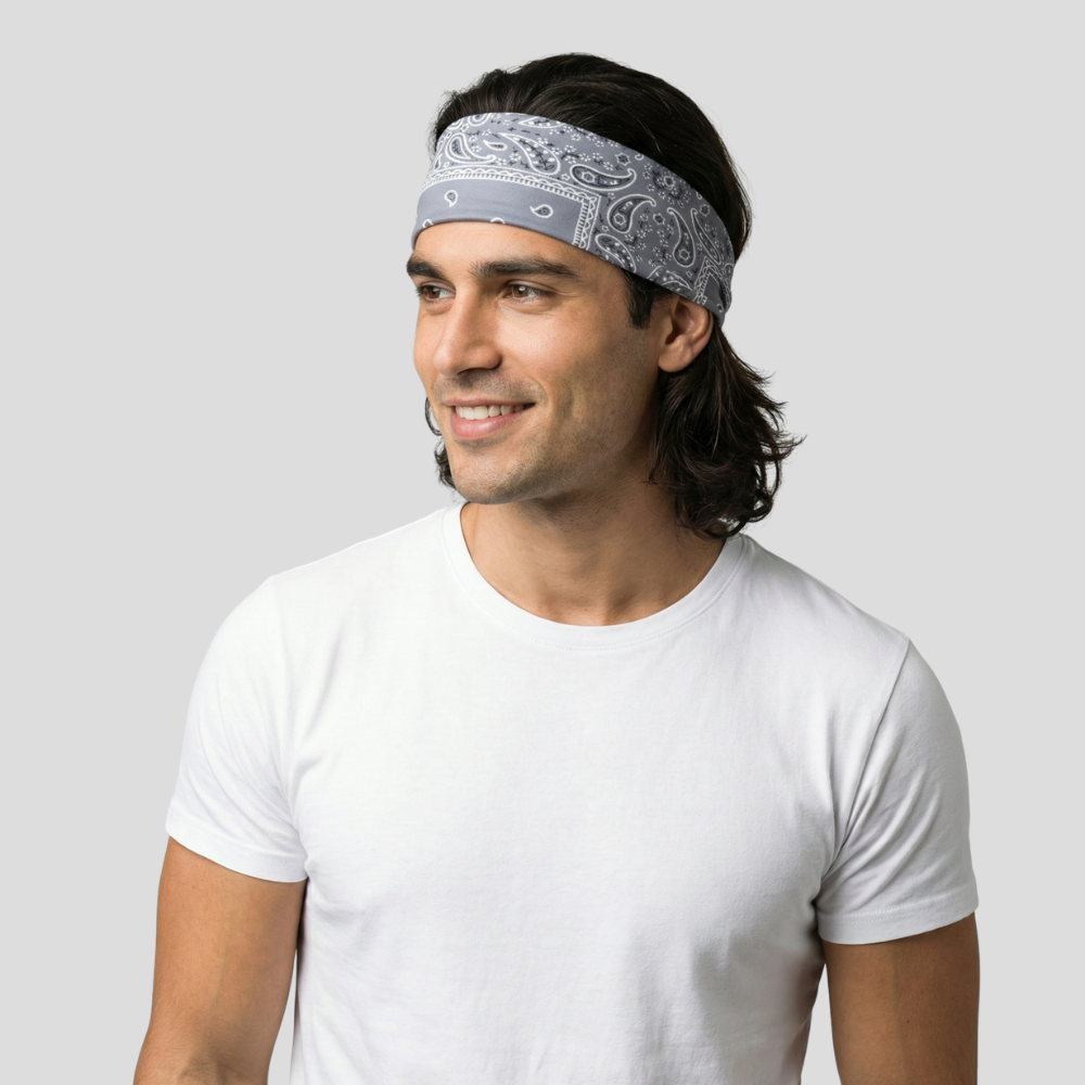 Bandeau Bandana Homme Gris Souris - Bandeau Homme cheveux mannequin brun ténébreux cheveux mi long