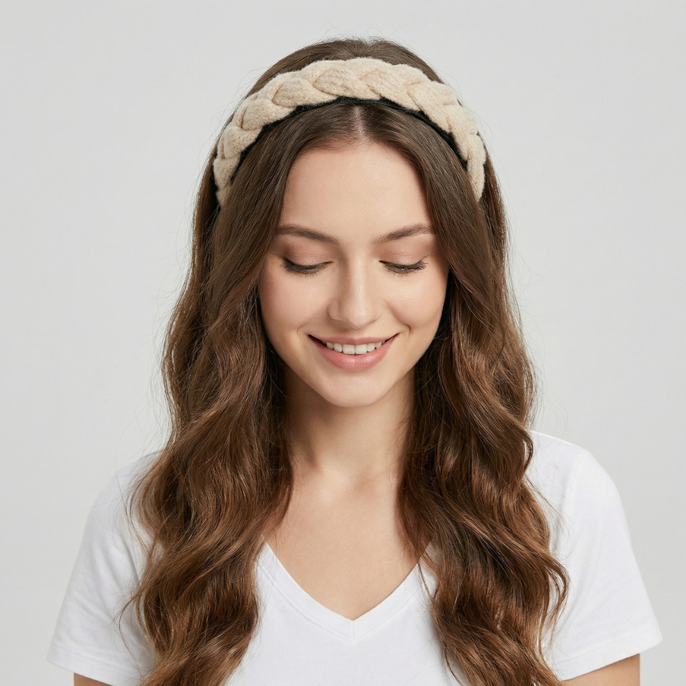 Serre Tete Crème Tressé - serre tete femme mannequin brune au cheveux long ondulé