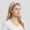 Serre Tete Crochet Fleur Rose - serre tete femme mannequin blonde aux long cheveux style hippie dans des couleurs douces