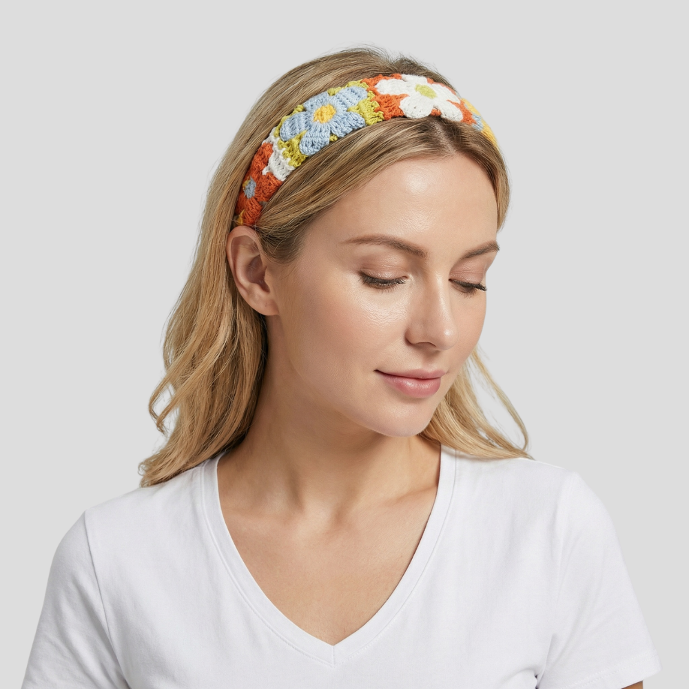 Serre Tete Crochet Fleuri - Serre Tete femme mannequin blonde look hippie des année 80 Serre Tete crochet pour l'été