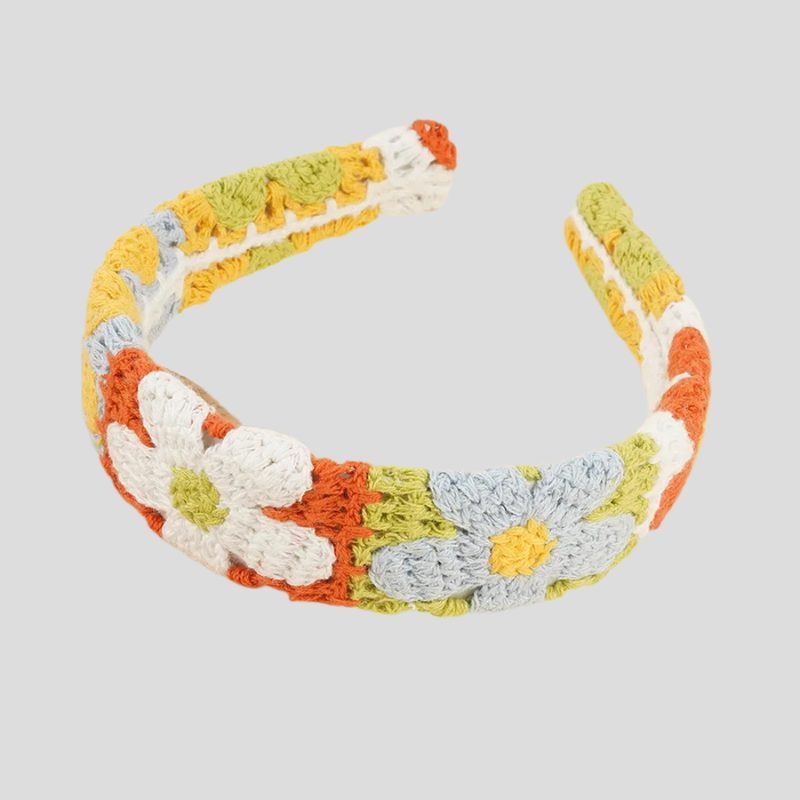 Serre Tete Crochet Fleuri - Serre Tete femme mannequin blonde look hippie des année 80 Serre Tete crochet pour l'été