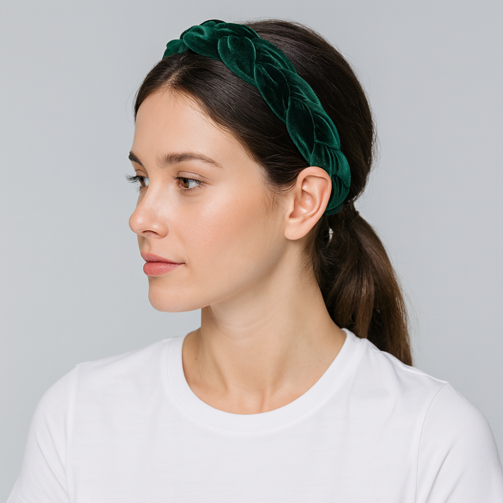 Serre tete velours vert en tresse - serre tete femme
